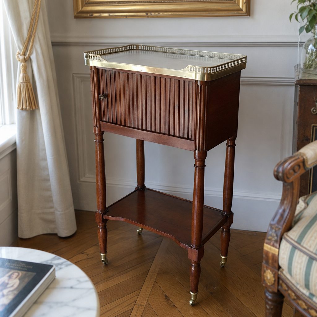 Same side table restaged in an elegant Parisian salon with a gilded frame and antique chair