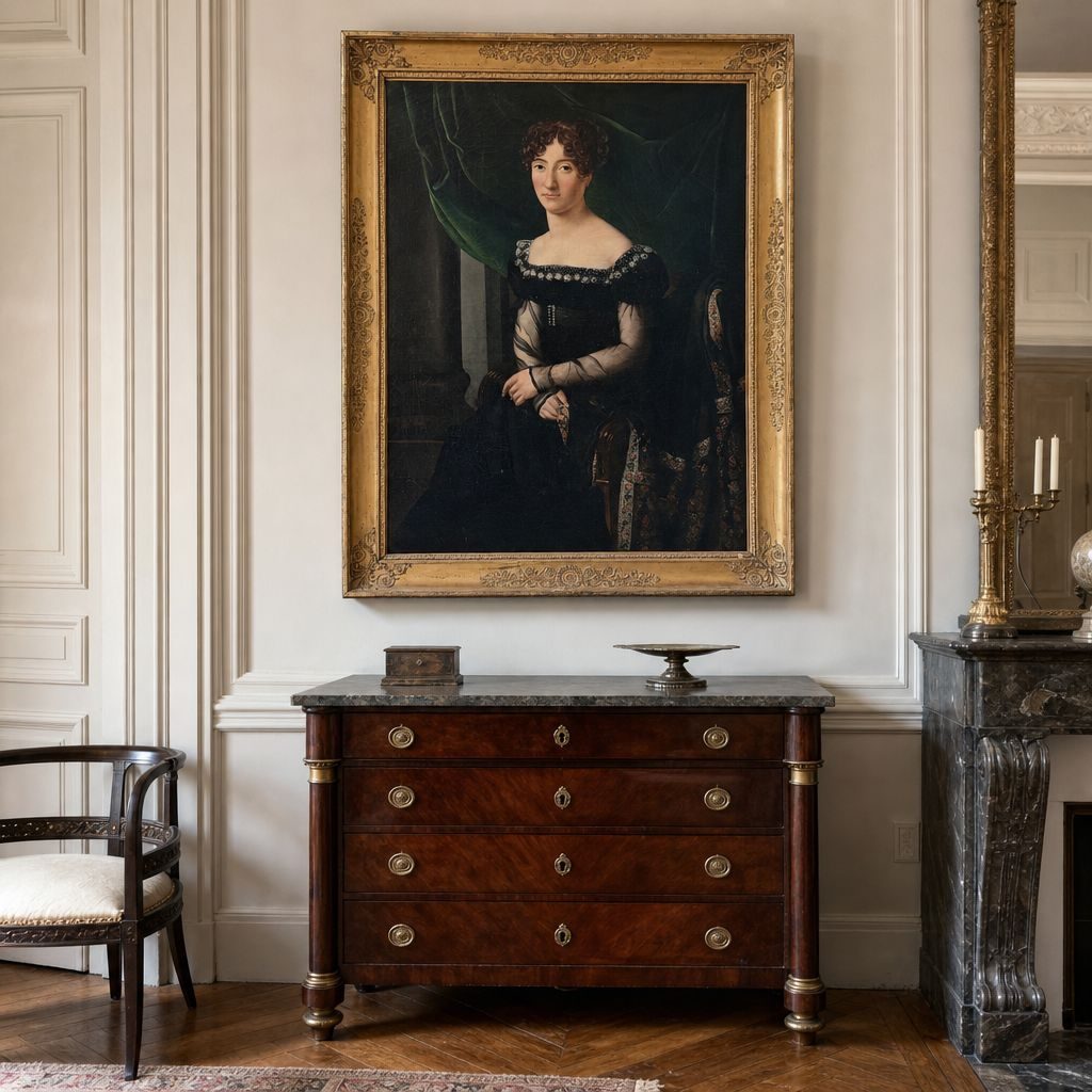Même portrait mis en scène au-dessus d'une commode Empire dans un salon parisien
