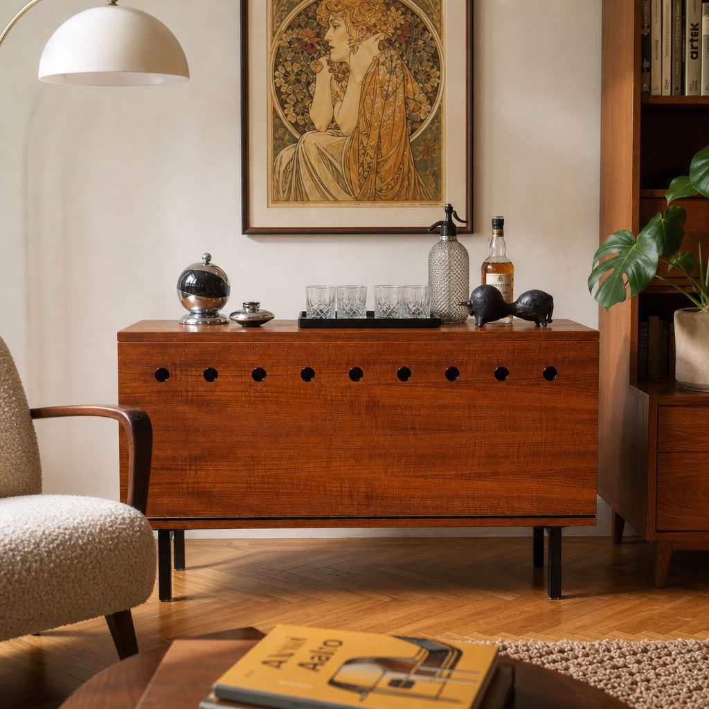 Same cabinet restaged in a warm mid-century living room