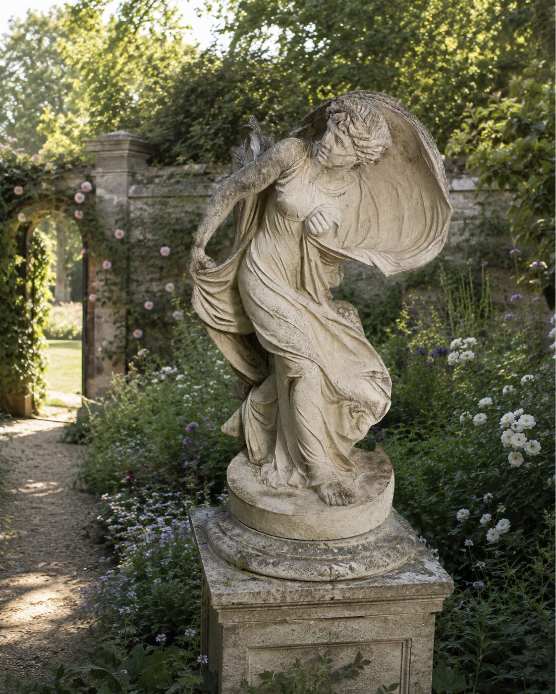 Garden statue restaged in a rose garden