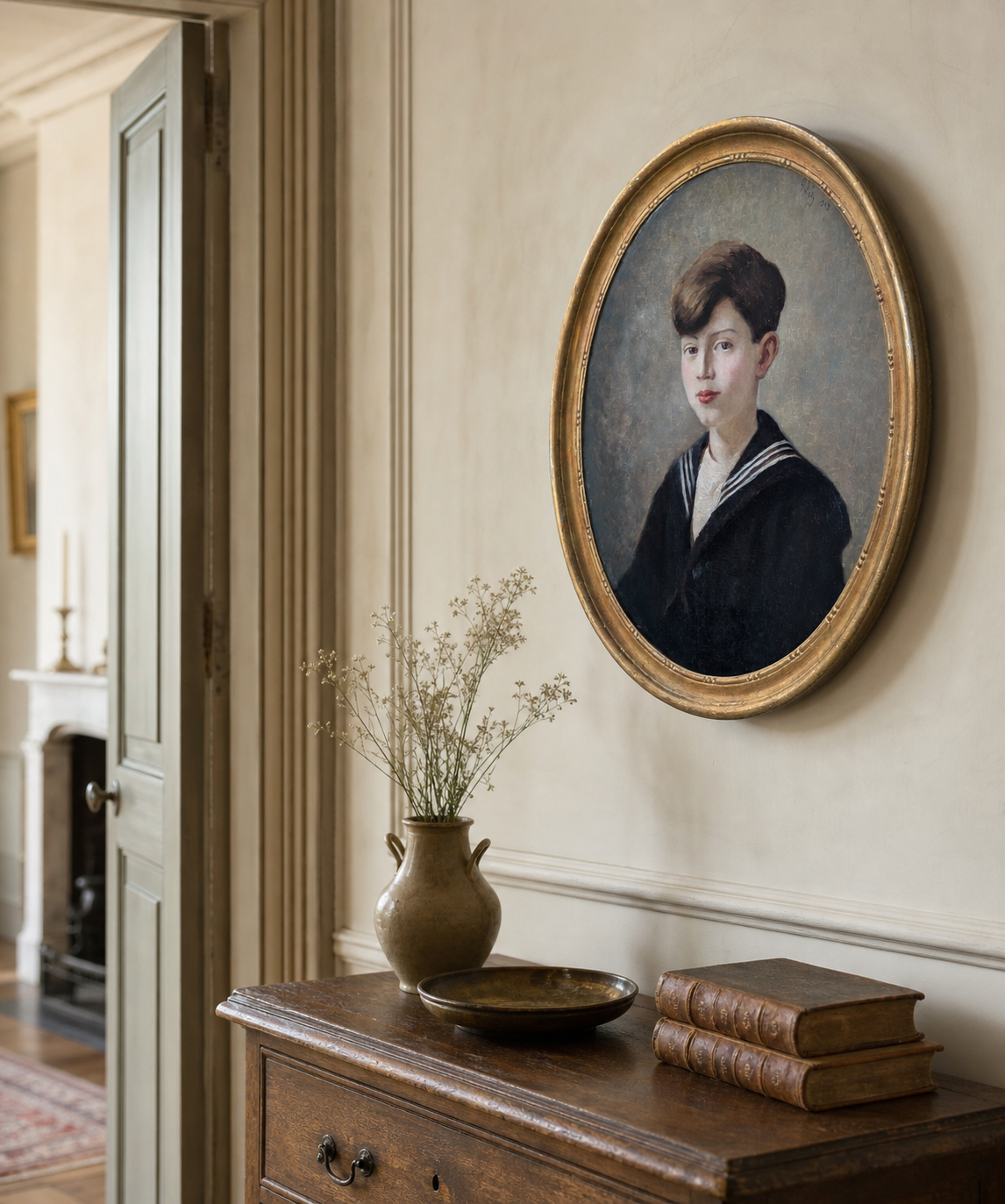 Same portrait staged, hanging on the wall of an elegant entryway